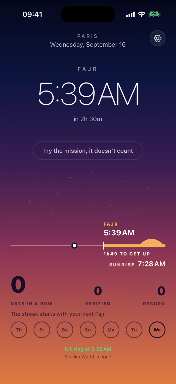 Bedless Fajr home screen at night in Paris: Fajr time, sunrise timeline, days in a row, verified, record