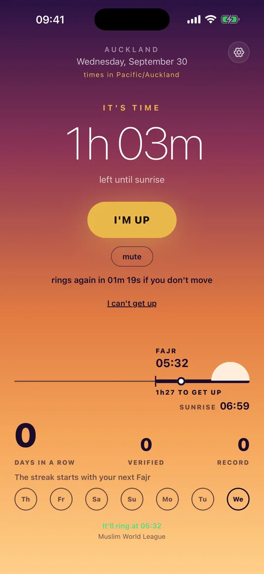 Bedless Fajr home screen during the Fajr window: I'M UP, mute, rings again in 01m 19s if you don't move, I can't get up