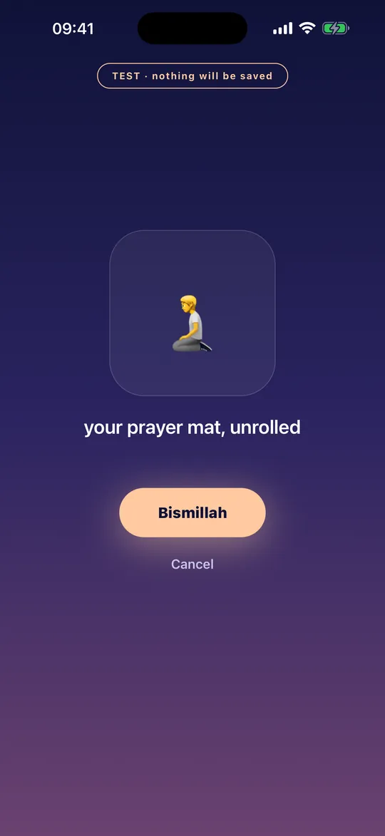 Bedless Fajr mission screen in a test run: today's target, your prayer mat, unrolled, and Bismillah